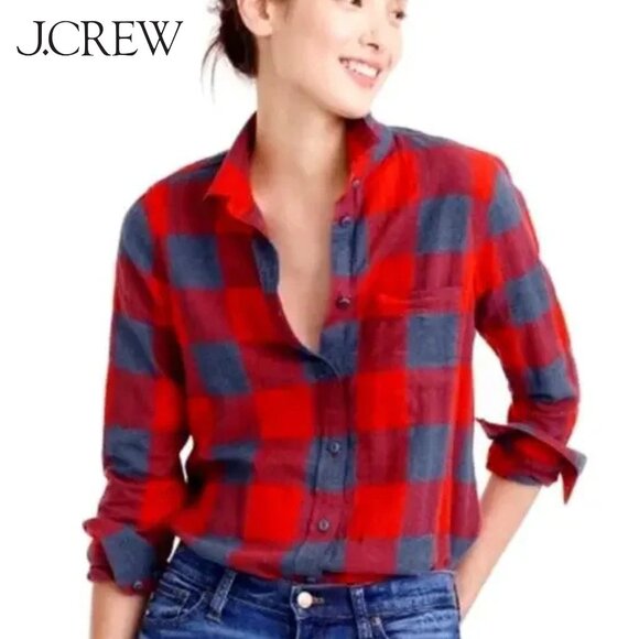 J. Crew Tops - Like New, J. Crew Boy Shirt in Fiery Sunset Buffalo Plaid, 99% Cotton, Size 12